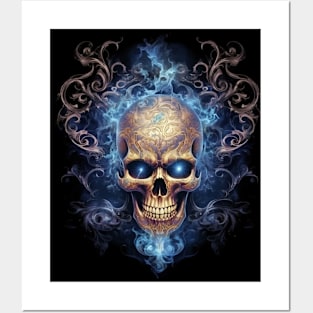 Skull on Blue Fire: Baroque Vintage Ornament Background Posters and Art